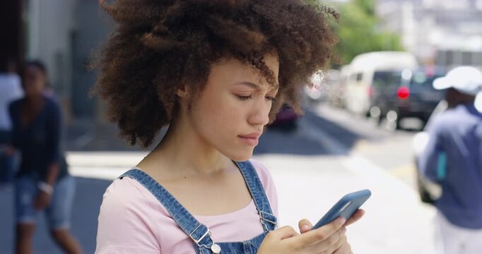 Bad news, phone and woman in city for social media, negative text message and online notification. Communication, networking and sad person unhappy, upset and stress on smartphone in urban town