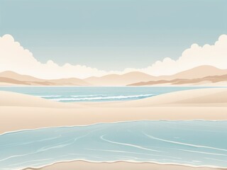 Fototapeta premium Minimalist illustration of a sandy beach with a blue ocean and mountains in the background