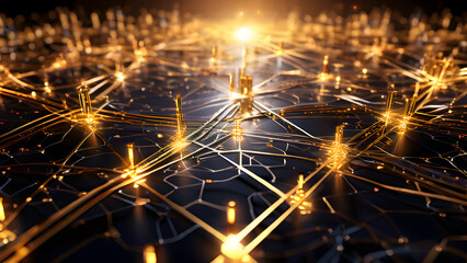 A complex 3D rendering depicting a network of lines and planes in luxurious gold, with intersecting paths and glowing accents representing the interconnectedness of wealth and success.