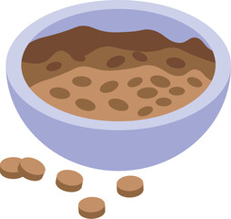 Full ceramic bowl containing dry pet food with some kibbles scattered around, perfect for illustrating pet care or food