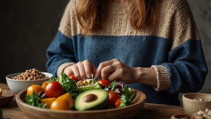 Healthy vegetarian dinner. Woman in jeans and warm sweater holding bowl with fresh salad, avocado, grains, beans, roasted vegetables, close-up. Superfood, clean eating, vegan, dieting food concept
