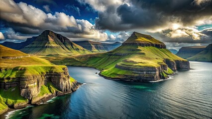Naklejka premium Serene landscape of the Faroe Islands with dramatic cliffs and rolling green hills, Faroe Islands, landscape, serene