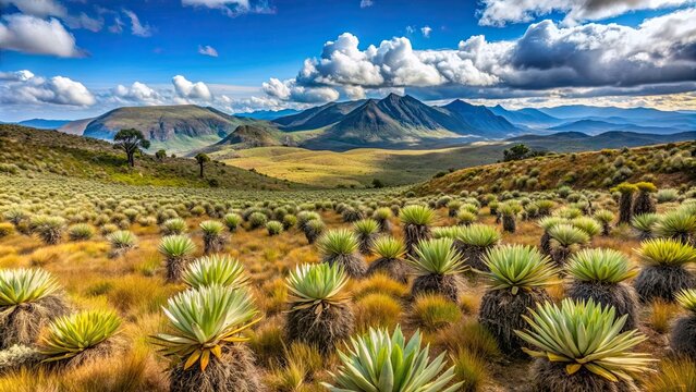 Paramo highlands with Espeletia plants in foreground and mountains in background, Paramo