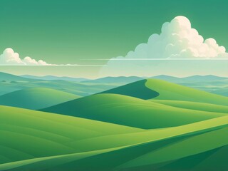 Obraz premium A digital illustration depicts a verdant landscape with rolling hills and a bright fluffy cloud in a cerulean sky