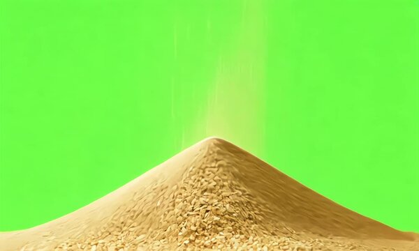 Flowing sand cascading into a pile against a vibrant green chroma background, embodying tranquility and simplicity