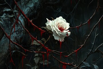 Bloody white rose.Bleeding white rose.Bleeding rose.An illustration featuring a white rose with blood-red shadows cast around it, with thorny vines dripping with blood encircling the flower