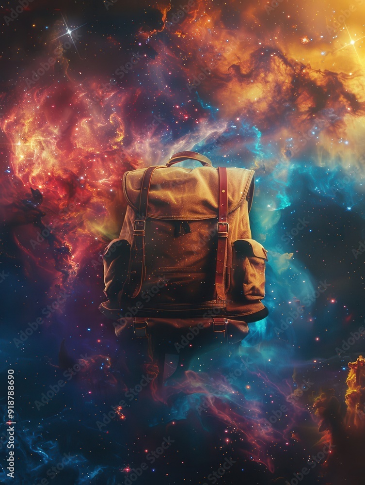 Poster a backpack is floating in space with a colorful background