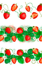 Watercolor strawberry border with leaves and flowers for artistic and decorative use