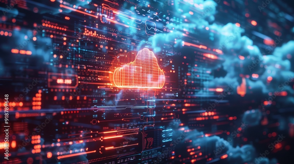 Poster a computer screen with a cloud and a red cloud on it