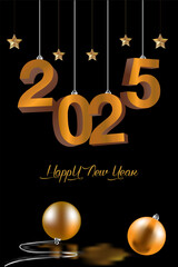 Naklejka premium 2025 happy new year and merry christmas 2025 design isolated in dark color, 2025 typography with gold color. 2025 design for new year and christmas template 