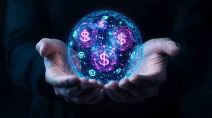 A futuristic visualization of monetary growth, featuring a glowing orb with dollar signs held in hands against a dark background.
