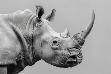 Obraz premium Majestic rhinoceros standing against a serene gray background in black and white beauty portrait art wildlife travel concept