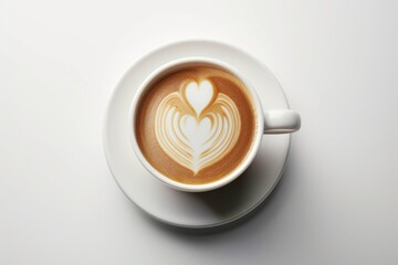 Cup of Coffee with Heart Latte Art on White Background, High Resolution and Hyper-Realistic Mockup Template, Side View with Soft Shadows and Professional Light