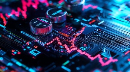 Close-up of a vibrant microchip with glitch patterns and glowing elements, showcasing modern technology and electronic design.