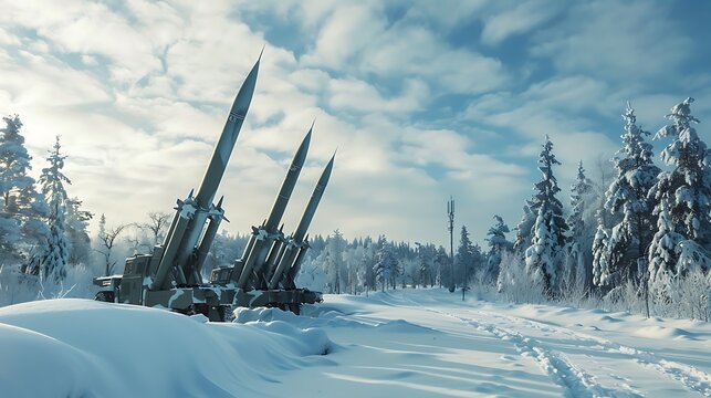 Ground to air missiles on snow winter air defense defensive system