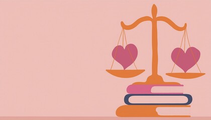A conceptual image of a balance scale with hearts, symbolizing love and justice on colorful stacked books against a soft pink background.