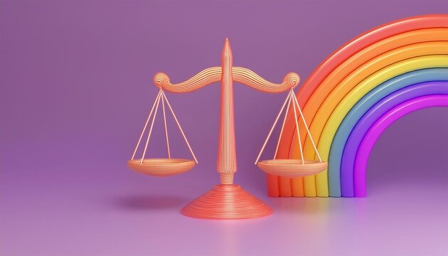 A colorful representation of justice and equality with a vibrant rainbow backdrop, symbolizing love and diversity.