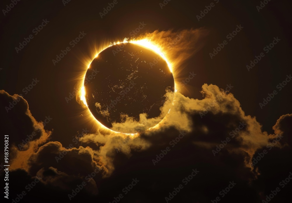 Wall mural a solar eclipse is seen through clouds in this photo. ai.