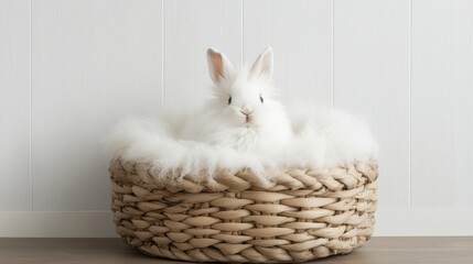 Obraz premium Cozy angora rabbit nestled in a woven basket, showcasing its soft, fuzzy coat, with natural fibers adding a rustic touch, perfect for a warm, lightweight feeling