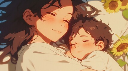 ベッドで寝ている赤ちゃんと母親27