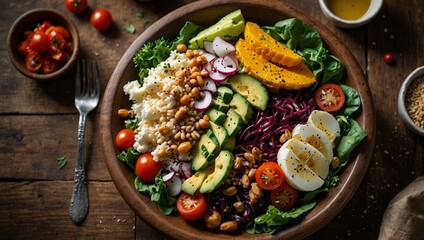 photo of a variety of vegetarian dishes, including fresh salads, colorful vegetables, and wholesome grains, arranged in a rustic, well-lit setting that highlights their natural textures and colors."