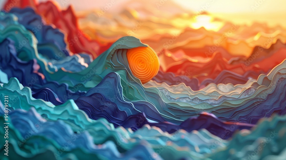 Canvas Prints a colorful wave with an orange ball on top of it. ai.