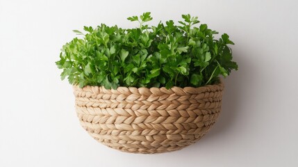 Fototapeta premium Detailed shot of a wall-mounted basket crafted from woven seaweed, containing lush green herbs; a perfect blend of nature and simplicity in kitchen decor