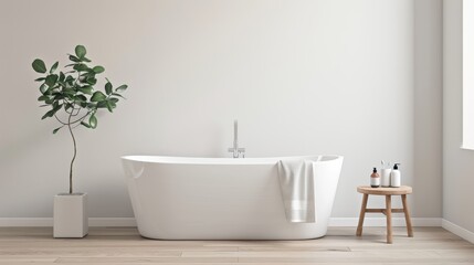 Fototapeta premium Modern Minimalist Bathroom with Freestanding Tub and Indoor Plant in Bright Natural Light