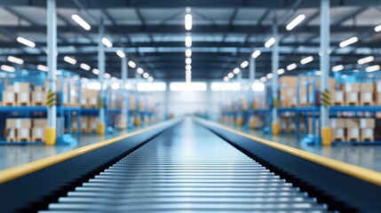 Fototapeta premium Modern Industrial Warehouse with Conveyor Belt and Stacked Boxes in Background