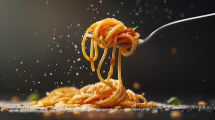 Delicious Spaghetti with Tomato Sauce on Fork with Parmesan Cheese and Basil Leaves
