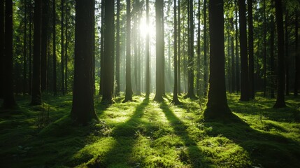 Fototapeta premium Sunlight Filtering Through Dense Forest Trees Creating a Serene and Tranquil Atmosphere in a Lush Green Woodland