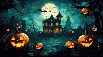 Halloween background with pumpkins and haunted house