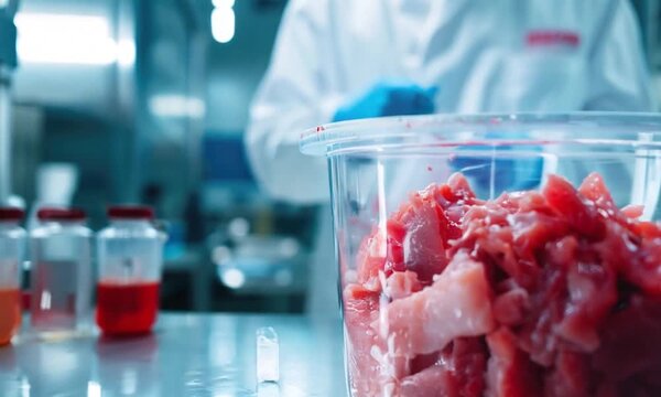 A plastic container filled with raw meat on a stainless steel table in a laboratory, with a scientist working in the background. The image represents food science and lab research