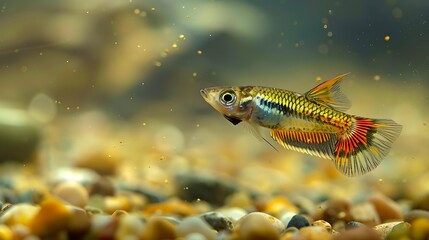 Guppy fish in aquariums swim among pebbles and dirt