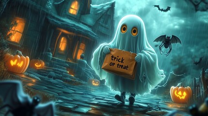 A Spooky Little Ghost Trick-or-Treating on a Dark Halloween Night
暗いハロウィン夜にトリックオアトリートをする小さな幽霊.Generative AI