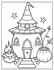 Halloween Witchs Lair coloring page design Halloween vector design black and white design