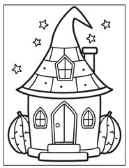 Halloween Witchs Lair coloring page design Halloween vector design black and white design