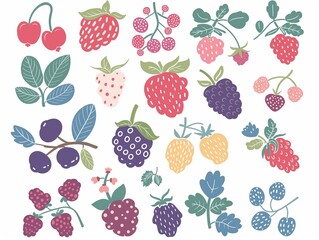 Set of various berries simple illustration. AI generated