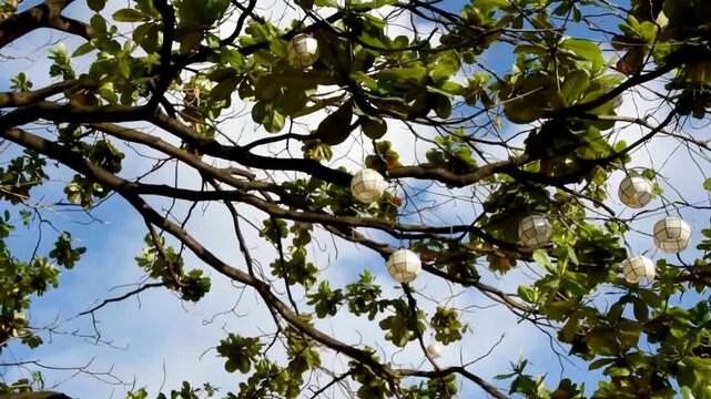 White and rounded Capiz shells lanterns hanging on a tree with lush green leaves and brown strong branches