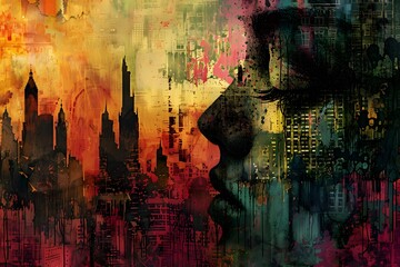 Obraz premium Abstract Cityscape with a Silhouette of a Woman.