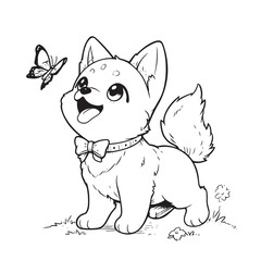 A puppy barks at the butterfly