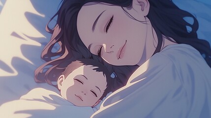 ベッドで寝ている赤ちゃんと母親15