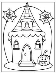 Halloween Witchs Lair coloring page design Halloween vector design black and white design