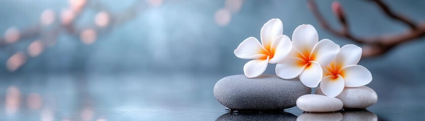 A serene arrangement of white flowers and smooth stones, creating a calm and peaceful atmosphere for relaxation and wellness.