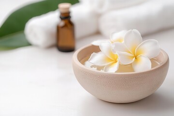 A serene beauty scene featuring a bowl of flowers, essential oil, and towels, perfect for relaxation and wellness themes.