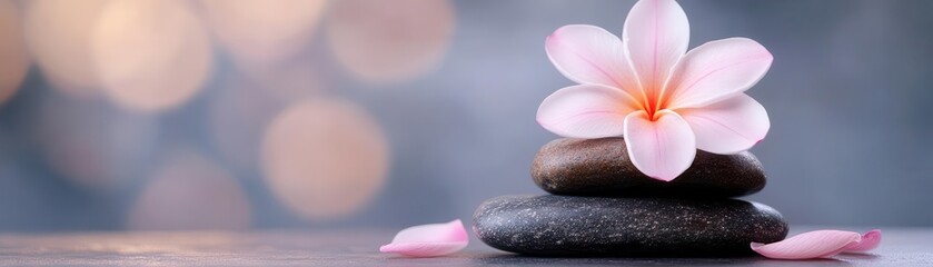 A serene composition featuring a pink flower resting on smooth stones, symbolizing balance and tranquility in nature.