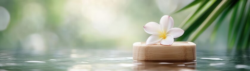Fototapeta premium A serene scene featuring a delicate flower resting on a wooden platform, surrounded by gentle water and greenery.