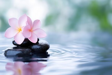 A serene scene featuring pink flowers resting on smooth stones in tranquil water, evoking peace and relaxation.