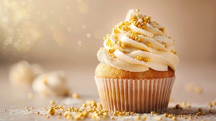 4. A deliciously decorated cupcake featuring cream cheese frosting and golden sugar sprinkles, captured on a light background with ample negative space for banner text