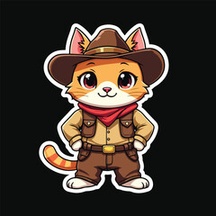 Cute Cat wear Cowboy Uniform Vector Printable for T-shirt, Children Kids funny Cartoon Illustration